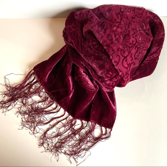 Gorgeous Cranberry Wine Colored Burn Out Scarf with Fringe - Picture 3 of 9